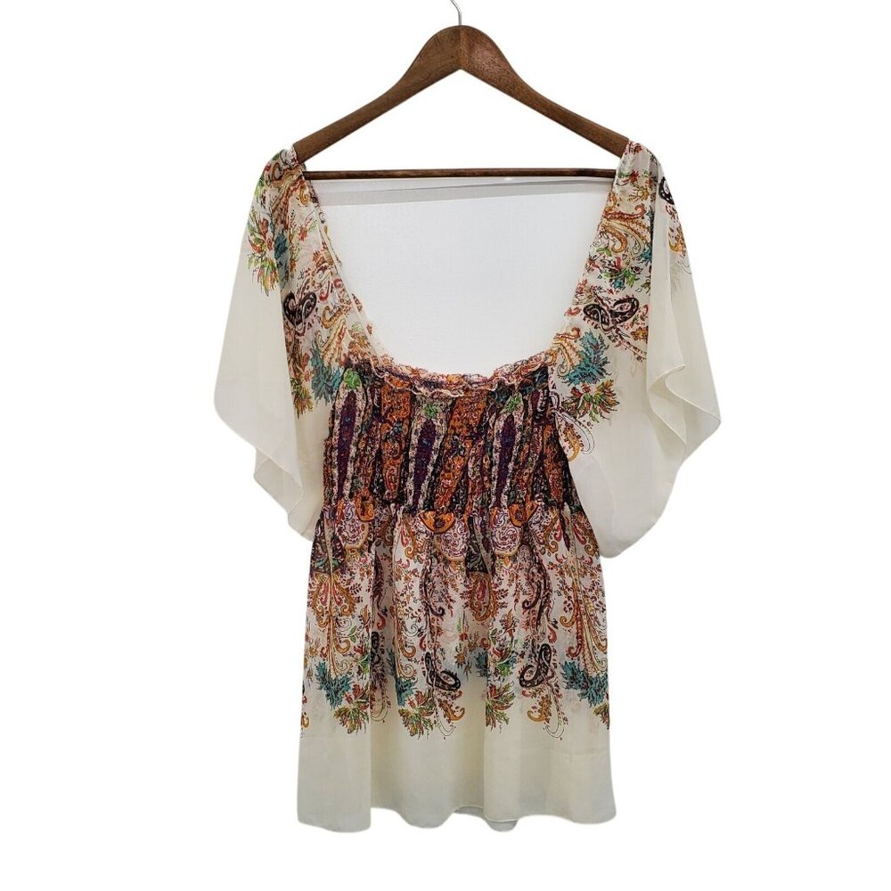 American Rag Boho Paisley Tunic Top Womens Size M Smocked Peasant Festival Flowy